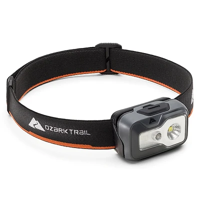 Ozark Trail 750 Lumen LED Headlamp – Multi-Color, Lightweight, Water Resistant, 5 Modes, 3 AAA Batteries Included – Gray/Orange