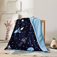 Couverture réversible en flanelle polaire Sherpa pour enfants, motif fusées et étoiles bleu blanc et bleu marine, 76 x 101 cm