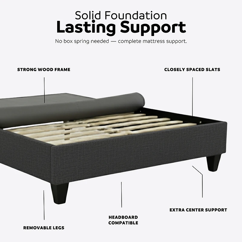 PRIMO Carter Upholstered Platform Bed Frame – Twin Size, Dark Grey Linen Look Fabric, No Box Spring Required, Durable Wood Slats – Bedroom Foundation