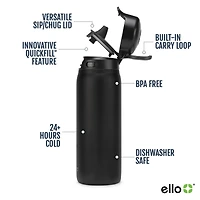 Ello 18 oz Flip & Fill Black Stainless Steel Water Bottle