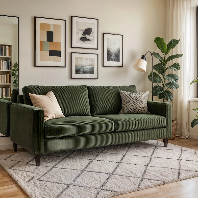 CorLiving Alton Corduroy Upholstered 3-Seater Adult Sofa with Wood Legs, Green