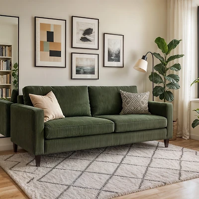 CorLiving Alton Corduroy Upholstered 3-Seater Adult Sofa with Wood Legs, Green