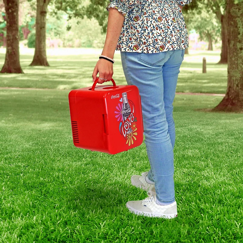 Coca-Cola 4L Portable Mini Fridge, 6 Can Mini Cooler/ Warmer for Travel, Office & Home- Red