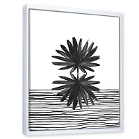 Designart Black and White Tropical Leaf On Striped II FLOAT FRAME WALL ART