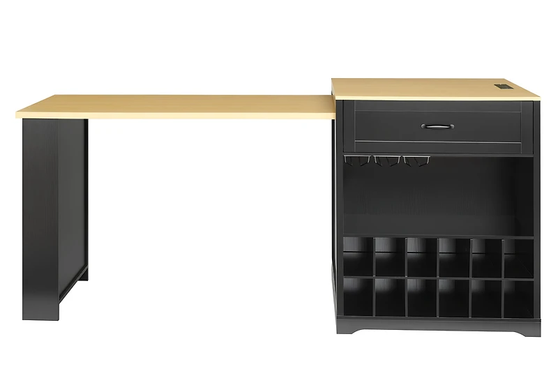 Noble House Extendable Counter Table with Wheels & Power Outlet,Black+Natural