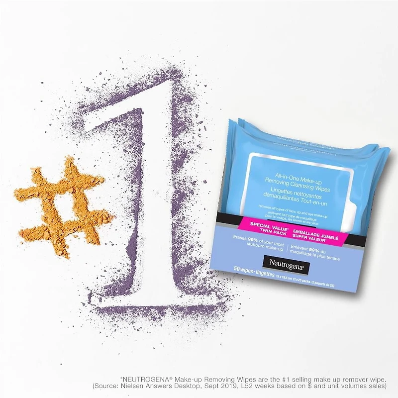 Neutrogena All-in-One Makeup Removing Cleansing Wipe, Waterproof Mascara Removal, Fragrance Free, Plant Based Wipes