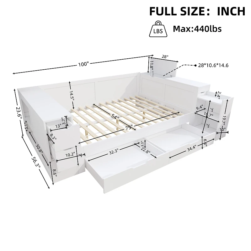 Noble House Full Size Daybed with Headboard Storage, White