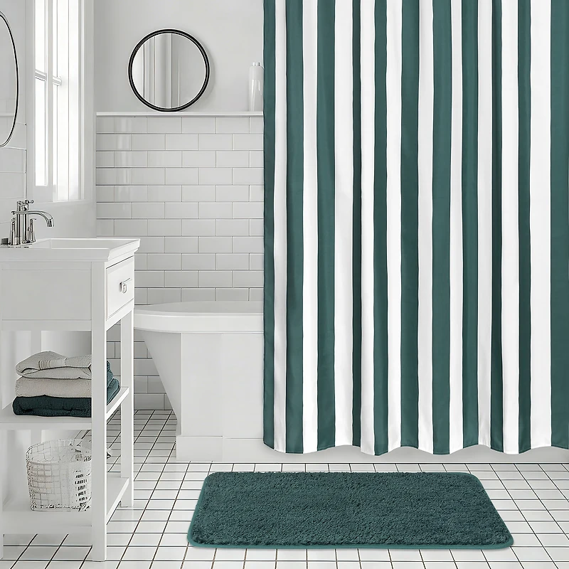 Mainstays 16-Piece Teal Shower Curtain Bathroom Set – Fabric Curtain with Rug, Hooks, Soap Dispenser & Tray