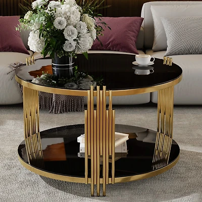 Noble House 31.5" Modern Glass Coffee Table,Gold Finish,Black+Gold