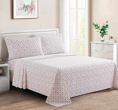Marina Decoration Printed 600 Thread Count Soft Deep Pocket Hotel Standard Cotton Blend Percale Bedding Sheet Set, Pink Rose Floral Pattern