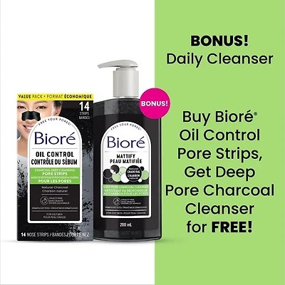Paquet Boni! Bioré Bandes pour les Pores au Charbon Nettoyage en Profondeur Format Économique (14 Unités) & Bioré Nettoyant au Charbon pour Pores en Profondeur, Nettoyant pour le Visage pour Peau Grasse (200mL)