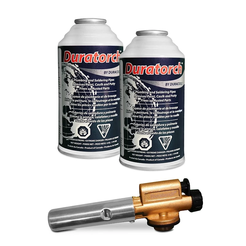 Kit de torche Duracool® DuraTorch™, comprend une tête de luxe à allumage automatique et 2 bidons de carburant pour torche. Jusqu'à % heures de temps de combustion par bidon de carburant.