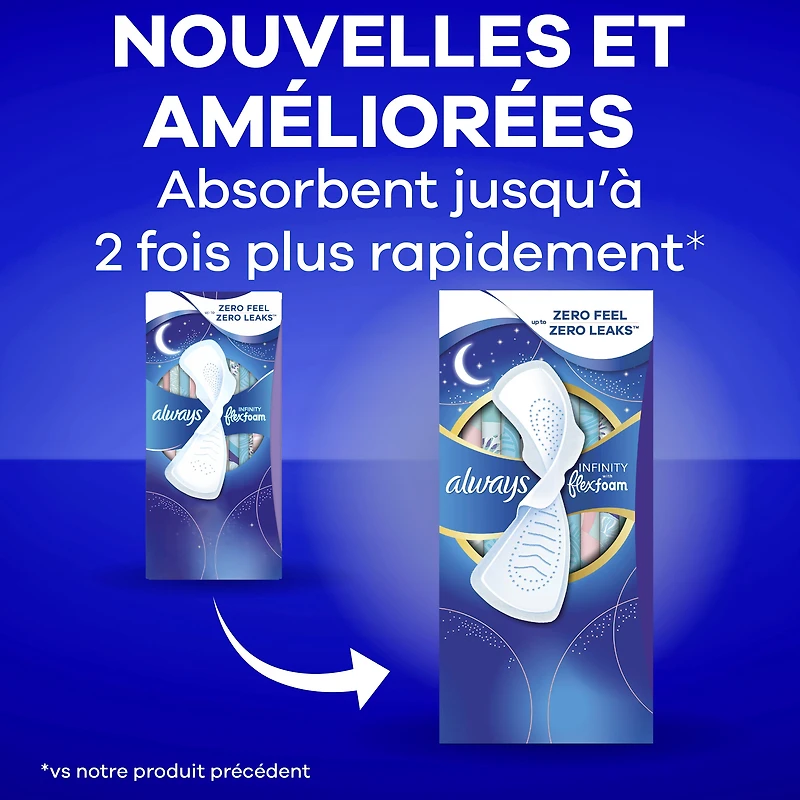 Serviettes Always Infini FlexFoam pour femmes, taille 5, de nuit, flux très abondant, avec ailes, sans parfum, 22 serviettes