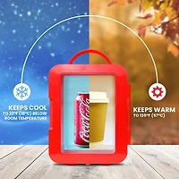 Coca-Cola 4L Portable Mini Fridge, 6 Can Mini Cooler/ Warmer for Travel, Office & Home- Red