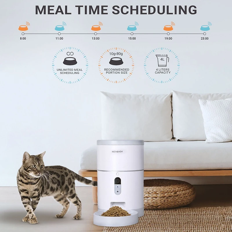 Instachew Purechew Automatic Pet Feeder with HD Camera, Food Dispenser for Cats and Dogs, Programmable Treat Dispenser with Video Recording, 4L