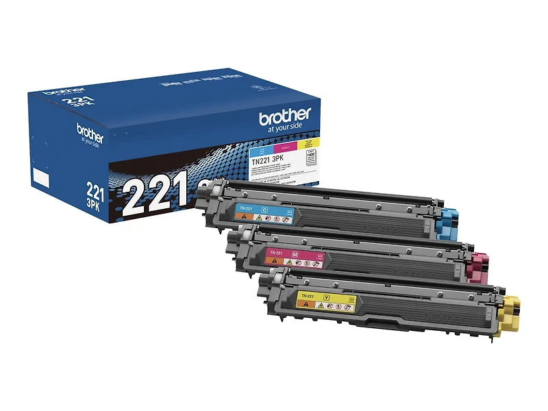Brother Genuine Standard-Yield Toner Cartridge Three Pack TN221 3PK -Includes one Cartridge Each of Cyan, Magenta & Yellow Toner, Standard Yield (TN2213PK), Cyan, Magenta, Yellow (BRTTN2213PK)