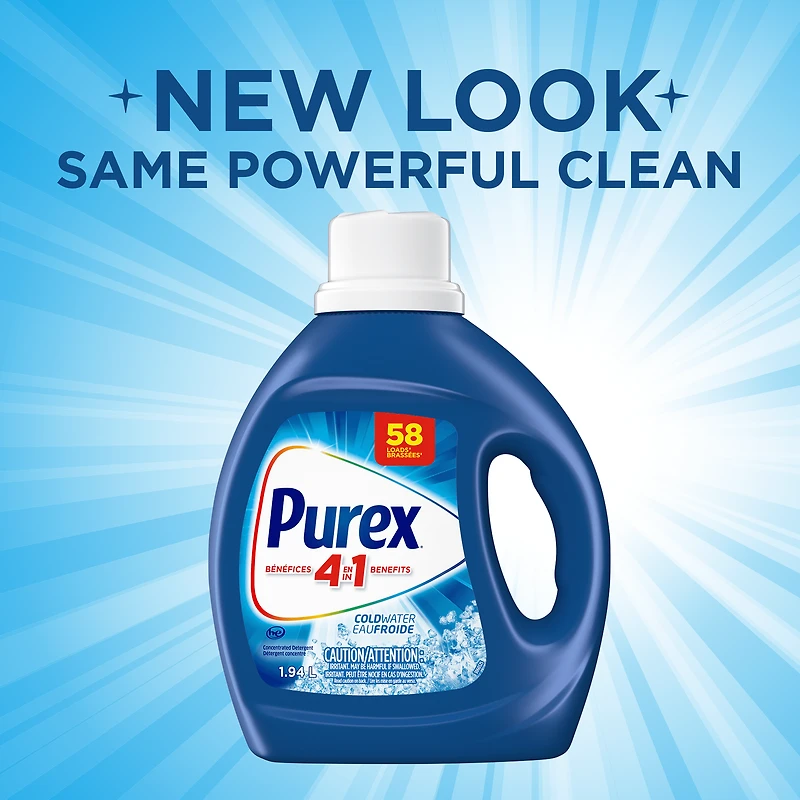 Purex Cold Water, Concentrated Liquid Laundry Detergent with 4in1 benefits, Tough on Stains, Brightens and Whitens Clothes, 1.94, 58 Wash Loads, HE Compatible, 1 bottle