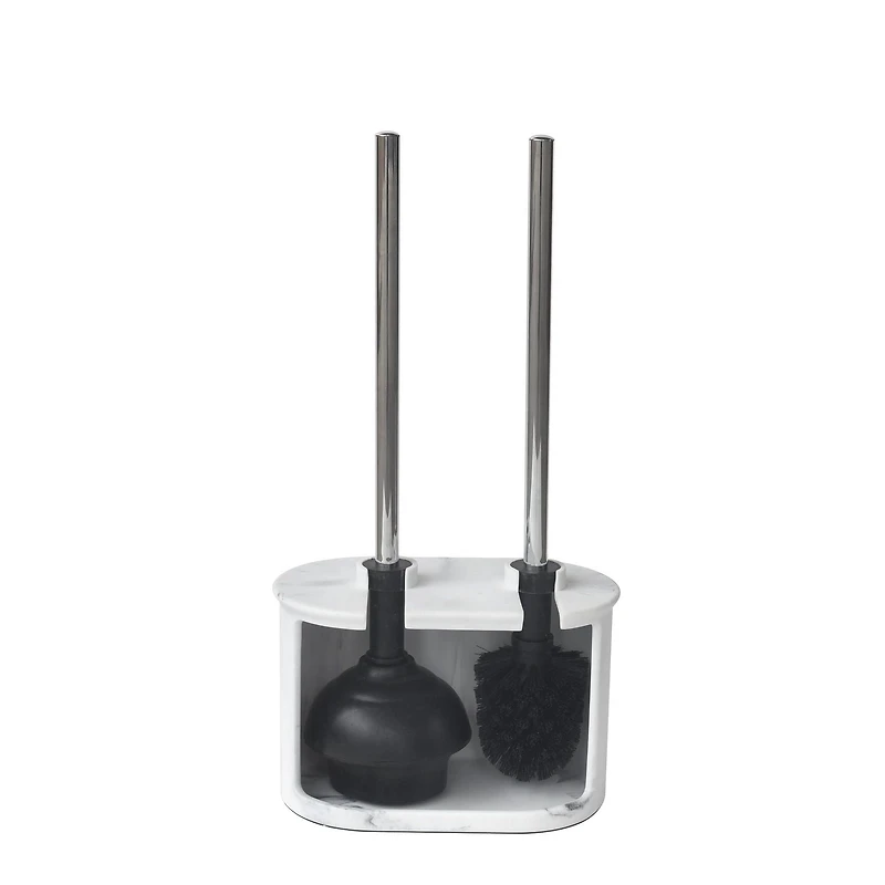 hometrends Faux Marble White Toilet Plunger and Bowl Brush Set,  with metal handle and sandstone holder for bathroom use