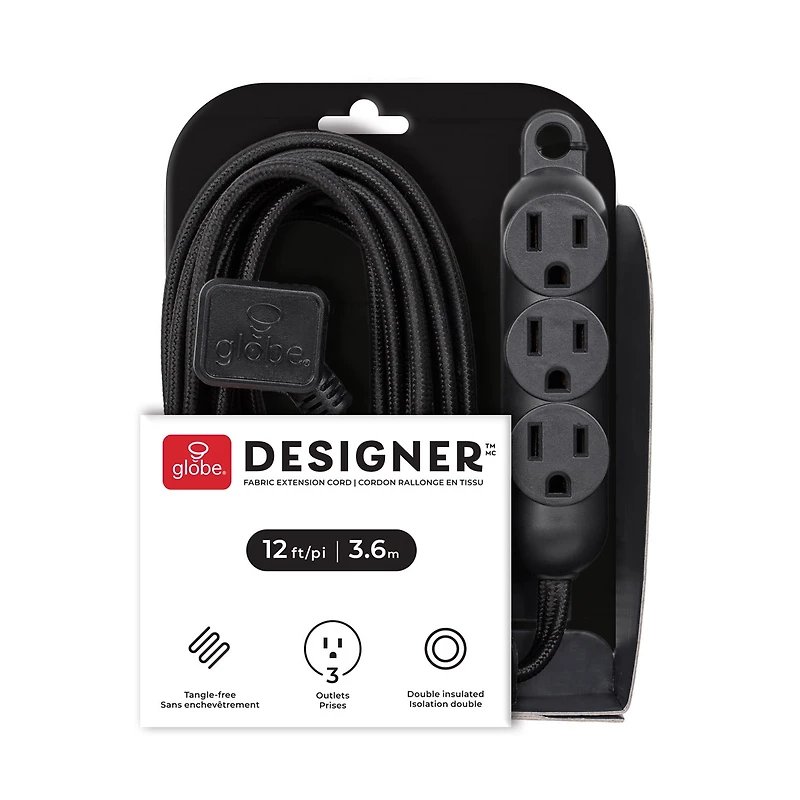 Globe Electric 12 ft. 3-Outlet 16/3 Black Fabric Extension Cord with Right-Angle Plug and Integrated Hanging Hook