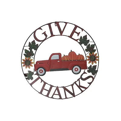 24" Metal Red Truck Wheel Décor (Give Thanks)
