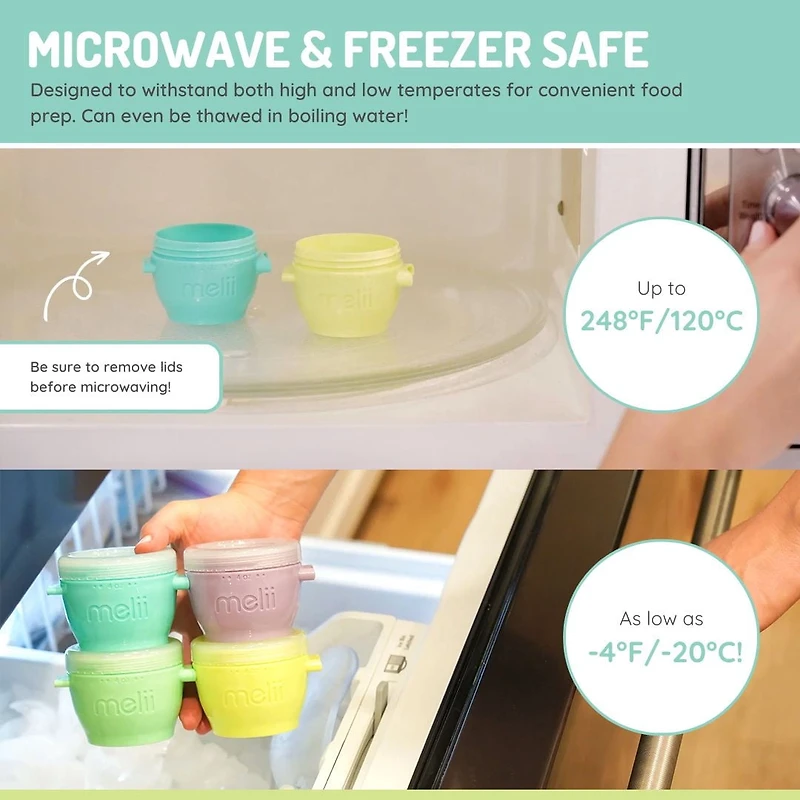 Melii Click & Go Pods Food Freezer Storage Containers & Snack Containers - 4x4oz - for Babies, Toddlers and Adults