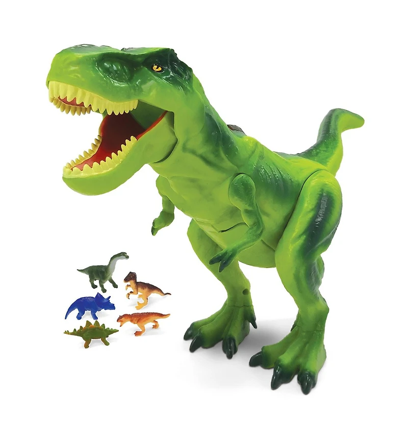 L'expédition a écrasé le coffre du tyrannosaure avec le petit dinosaure.