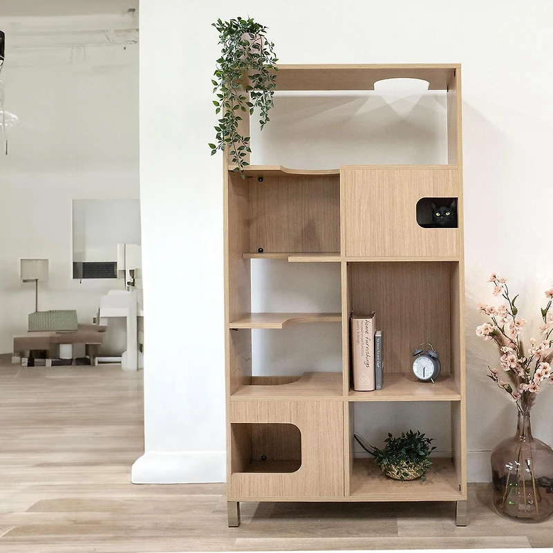 Mobilier Multifonctionnel pour Chats TANKEN avec Rangement, Chêne, Taille Unique