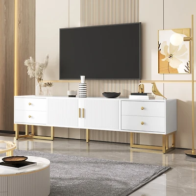Noble House 68.8" Modern TV Cabinet, Textured Door & Drawer Low Panel with Gold Handles/Legs, Soft-Close Hinges,White
