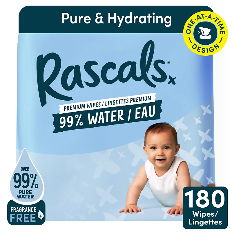 Rascals 99% Water Premium Baby Wipes, 180 Count, for Sensitive Skin