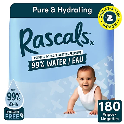 Rascals 99% Water Premium Baby Wipes, 180 Count, for Sensitive Skin