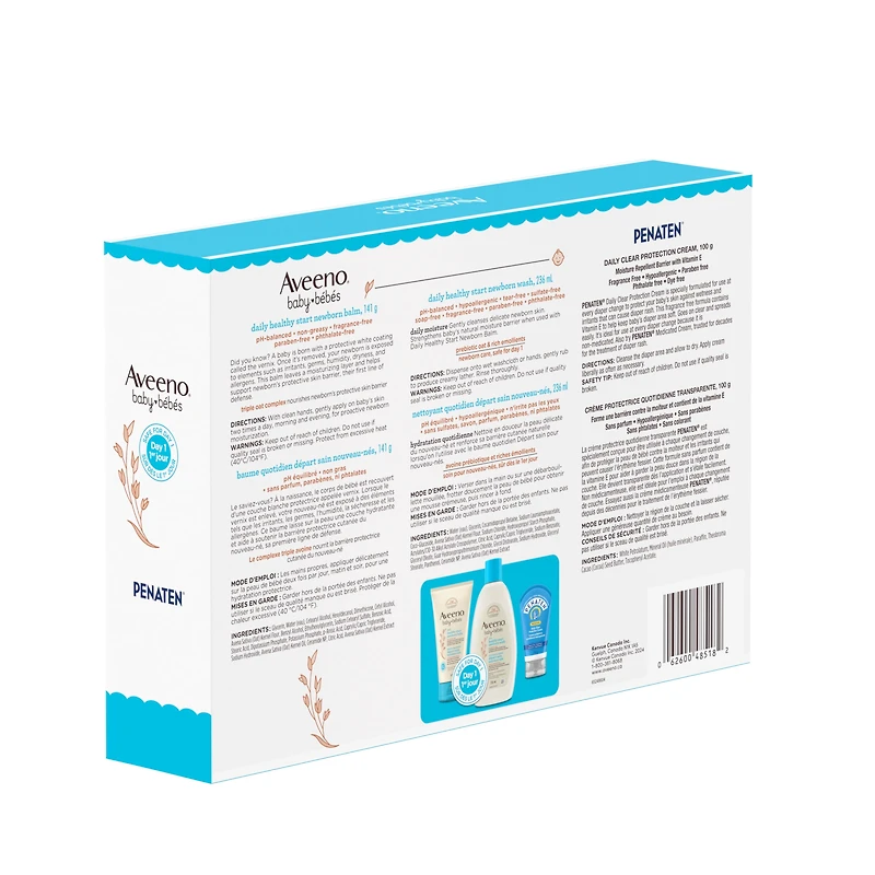 Ensemble-cadeau Départ sain pour nouveau-nés Aveeno Baby, nettoyant pour nouveau-nés, baume pour nouveau-nés, crème Penaten, sans parfum, 3 produits