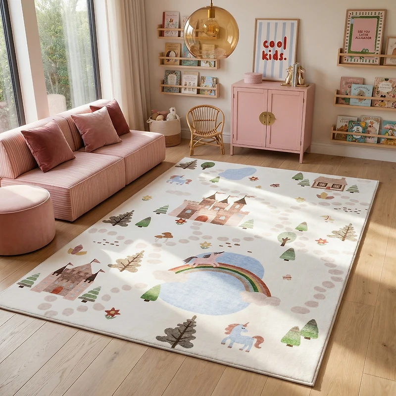 Rug Branch Soft Steps Playtime Unicorns, Castle, Road Map, Educational Soft Area Rug, White Blue - Boys & Girls in Playroom, Nursery, Bedroom