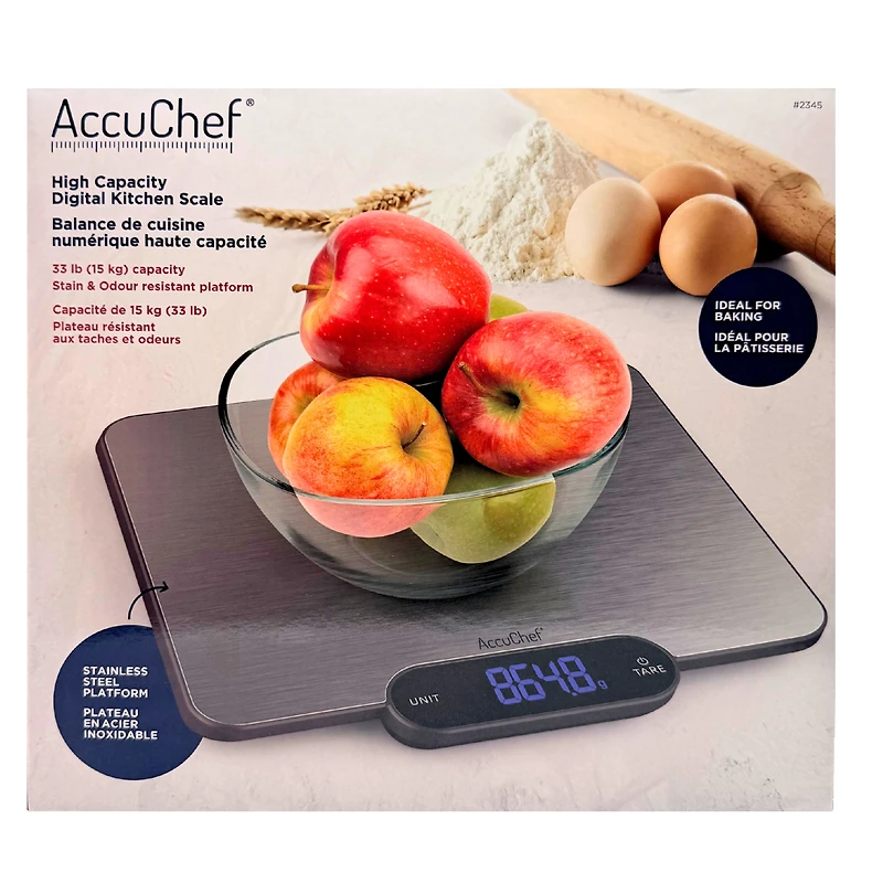AccuChef High Capacity 33lb (15 kg) Digital Kitchen Scale, Wide Platform, Model 2345