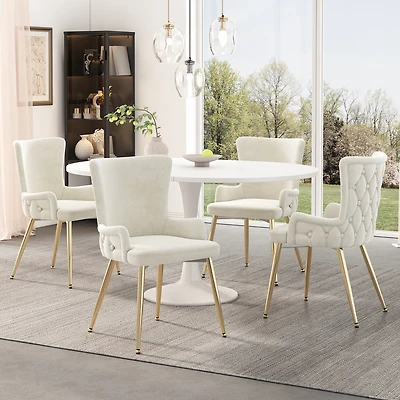 Noble House Ensemble de 4, Chaises de Salle à Manger en Velours, Chaise Capitonnée de Luxe Léger avec Quatre Pieds en Métal Doré, Beige