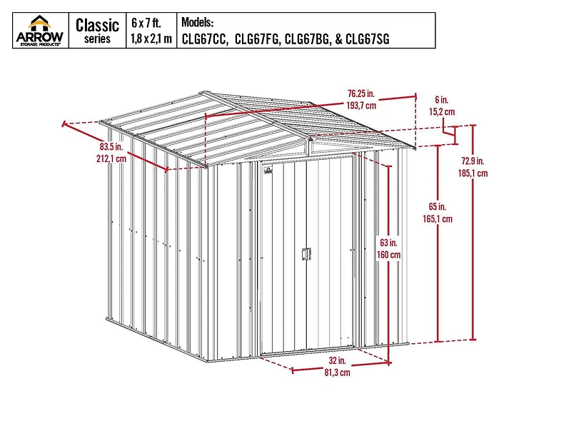 Arrow Classic Steel Storage Shed, 6x7, Gris pâle