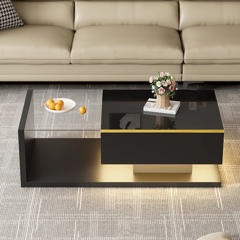 Noble House 39.4" High-Gloss Black Coffee Table, Tempered Glass with Dimmable LED, Storage Compartment & Open Shelves,Black