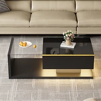 Noble House 39.4" High-Gloss Black Coffee Table, Tempered Glass with Dimmable LED, Storage Compartment & Open Shelves,Black