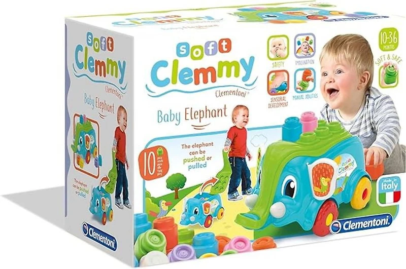 Clementoni Pull Along Elephant - Soft Clemmy Baby Elephant - Contains lots of soft building blocks - For 10-36 months