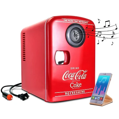 Coca-Cola Mini réfrigérateur portable 6 canettes, haut-parleur Bluetooth, refroidisseur/réchaud 4 L, rouge
