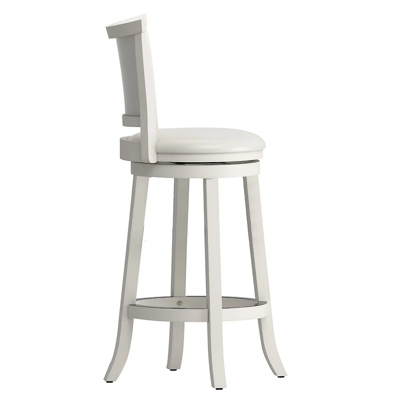 CorLiving Wesley Solid Wood Swivel Bar Height Indoor Barstools with Faux Leather Upholstered Padded Seats and Backs, White (Set of 2)