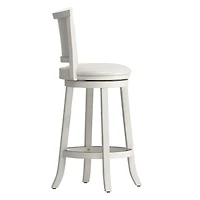 CorLiving Wesley Solid Wood Swivel Bar Height Indoor Barstools with Faux Leather Upholstered Padded Seats and Backs, White (Set of 2)