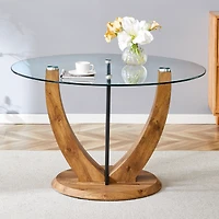 Noble House 48" Round Glass Dining Table,Tempered Glass Top 0.4" Thick,Transparent+Wood