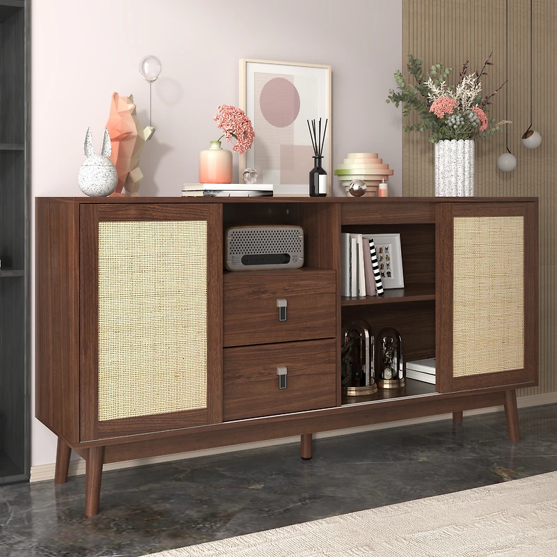 Noble House 61" Sideboard with Real Rattan Sliding Doors & 2 Drawers, Breathable Sturdy Storage Cabinet,Walnut Wood
