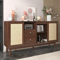 Noble House 61" Sideboard with Real Rattan Sliding Doors & 2 Drawers, Breathable Sturdy Storage Cabinet,Walnut Wood