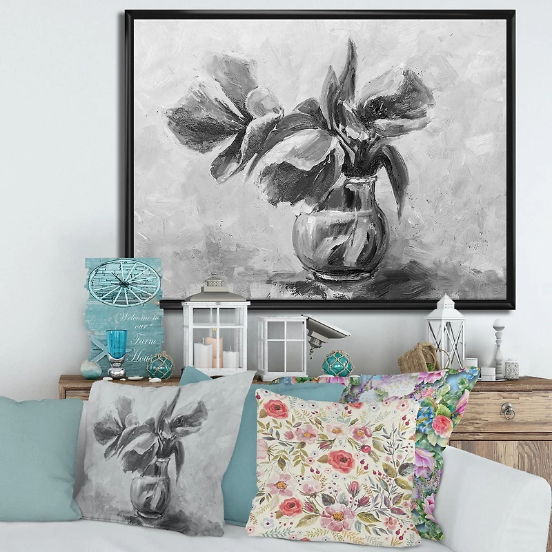 Designart Nature morte monochrome de fleurs dans un vase ART MURAL À CADRE FLOTTÉ