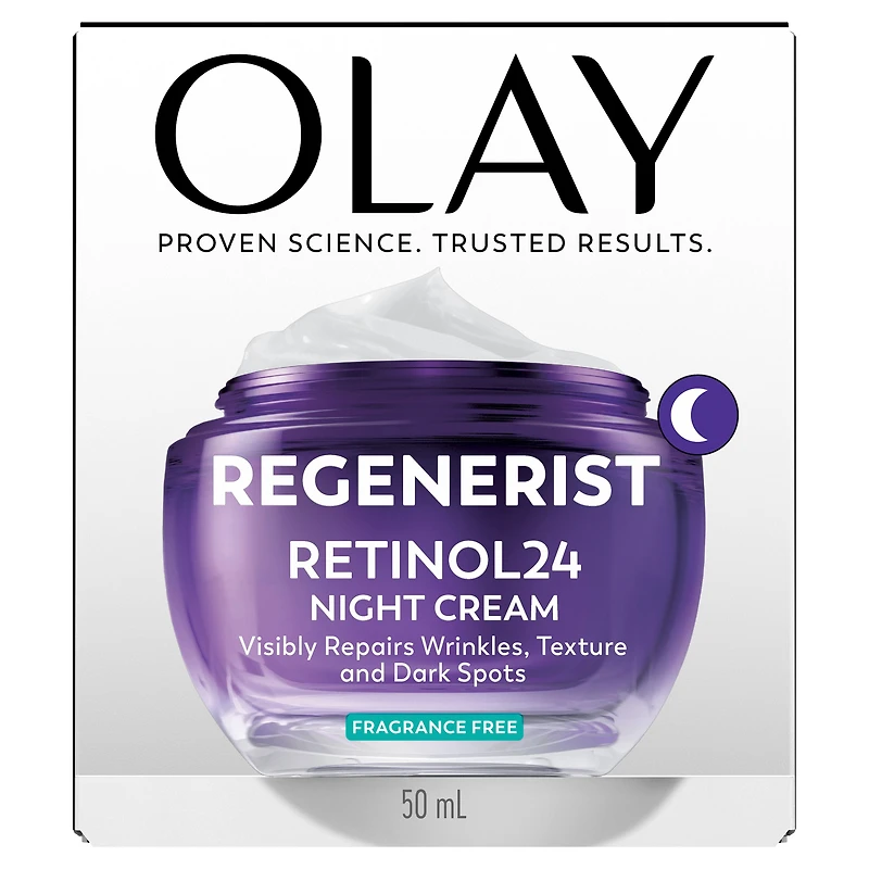 Olay Retinol 24 Face Cream, Anti-Aging Night Moisturizer, Fragrance-Free, Non Greasy - Anti-Wrinkle, Smooth Fine Lines, Tightening, Hydrating Skin Care - Peptides, Glycerin, 50 mL