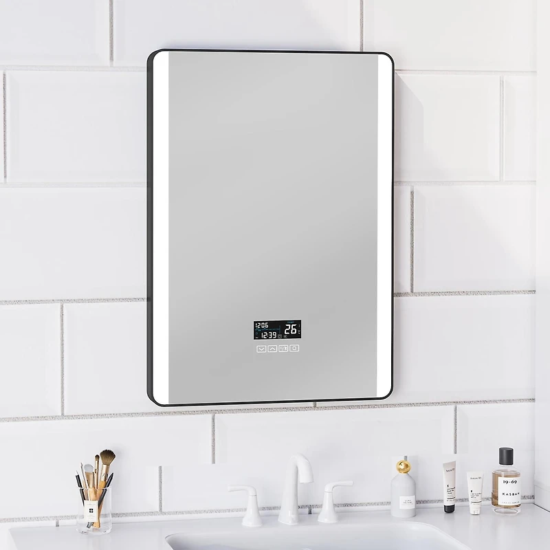 Miroir à DEL Ecoway Luna, Miroir de salle de bain éclairé monté au mur avec haut-parleur Bluetooth, anti-buée et horloge