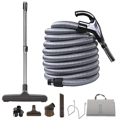 Ensemble d'accessoires Deluxe OVO pour aspirateur central incluant Boyau Bas-voltage de 40 pi avec interrupteur Marche/Arrêt à la poignée, Brosse à plancher de 12'' et accessoires. Idéal pour les surf