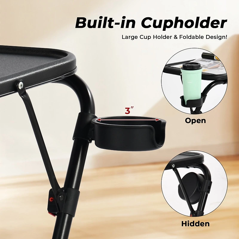 Homy Casa 1-Piece 21.26'' Folding Tray Table, Adjustable Height Side Table with Cup Holder for Sofa Bed, Black