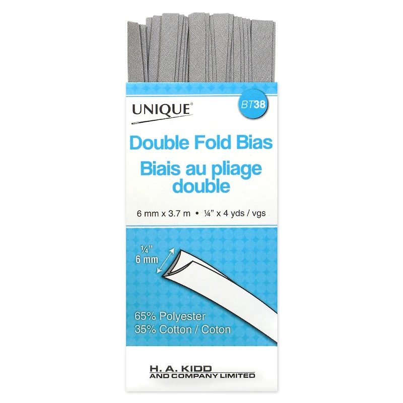 UNIQUE Double-Fold Bias Tape, 7 mm (0.28 in) × 3.7 m (4.05 yd), Metallic Silver